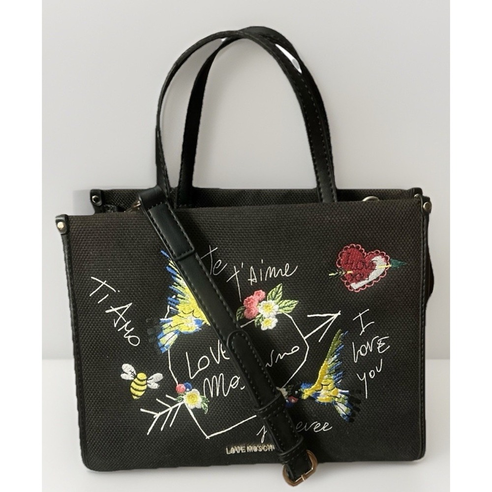 Love Moschino Embroidered Strap Black Birds Bees Heart Tote Bag Purse